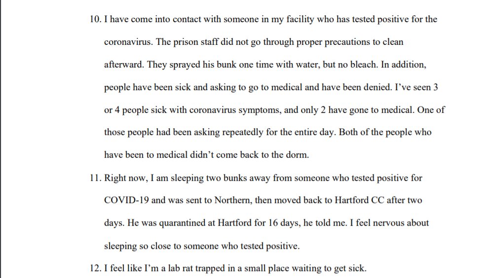 PDF reads in part: "The prison staff did not go through proper precautions to clean afterward. They sprayed his bunk one time with water, but no bleach."