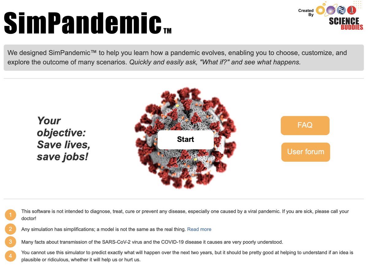 ScienceBuddies's tweet photo. https://t.co/lcKxp0LhwH is live! Created by Science Buddies, @SimPandemic was designed to help you learn how a pandemic evolves, enabling you to choose, customize, and explore the outcome of many scenarios. #SimPandemic #SaveLivesSaveJobs #COVID19 #Coronavirus #pandemic #STEM https://t.co/CeZ6TWWFV0