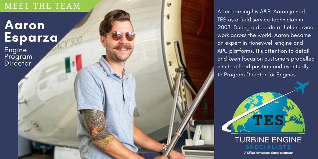 TESService's tweet photo. MEET THE TEAM: This week’s TES #EmployeeSpotlight features our Engine Program Director, Aaron Esparza.
His attention to detail and keen focus on customers propelled him to a lead position and eventually to Program Director for Engines.
#Get2KnowTES #MRO #bizav #AOGsupport https://t.co/ikeSnZKD82