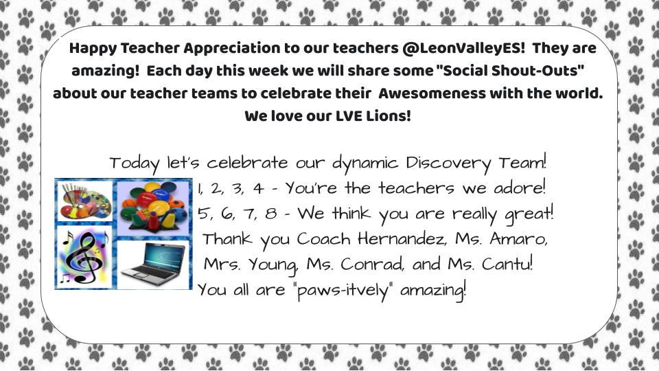 NISDLeonValley's tweet photo. Day 2 - Happy Teacher Appreciation to our teachers @LeonValleyES! They are amazing! Each day this week we will share some "Social Shout-Outs" about our teacher teams to celebrate their Awesomeness with the world. #LVEBeLegendary #TeacherAppreciationWeek2020
@NISDLeonValley https://t.co/rtVxsfPScS