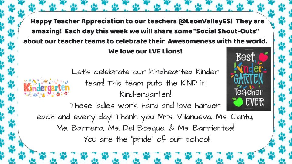 NISDLeonValley's tweet photo. Day 2 - Happy Teacher Appreciation to our teachers @LeonValleyES! They are amazing! Each day this week we will share some "Social Shout-Outs" about our teacher teams to celebrate their Awesomeness with the world. #LVEBeLegendary #TeacherAppreciationWeek2020
@NISDLeonValley https://t.co/rtVxsfPScS