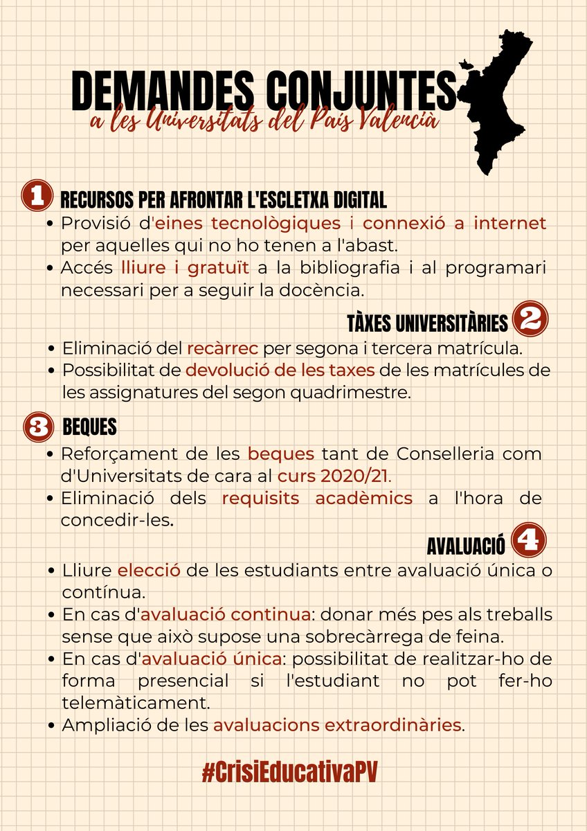 #CrisiEducativaPV 👇

🗣️Diverses organitzacions de totes les Universitats del País Valencià ens hem organitzat per fer-nos escoltar❗

👉🏾Volem que les demandes de totes nosaltres arriben com
més lluny millor i per això necessitem l'ajuda de totes🙌