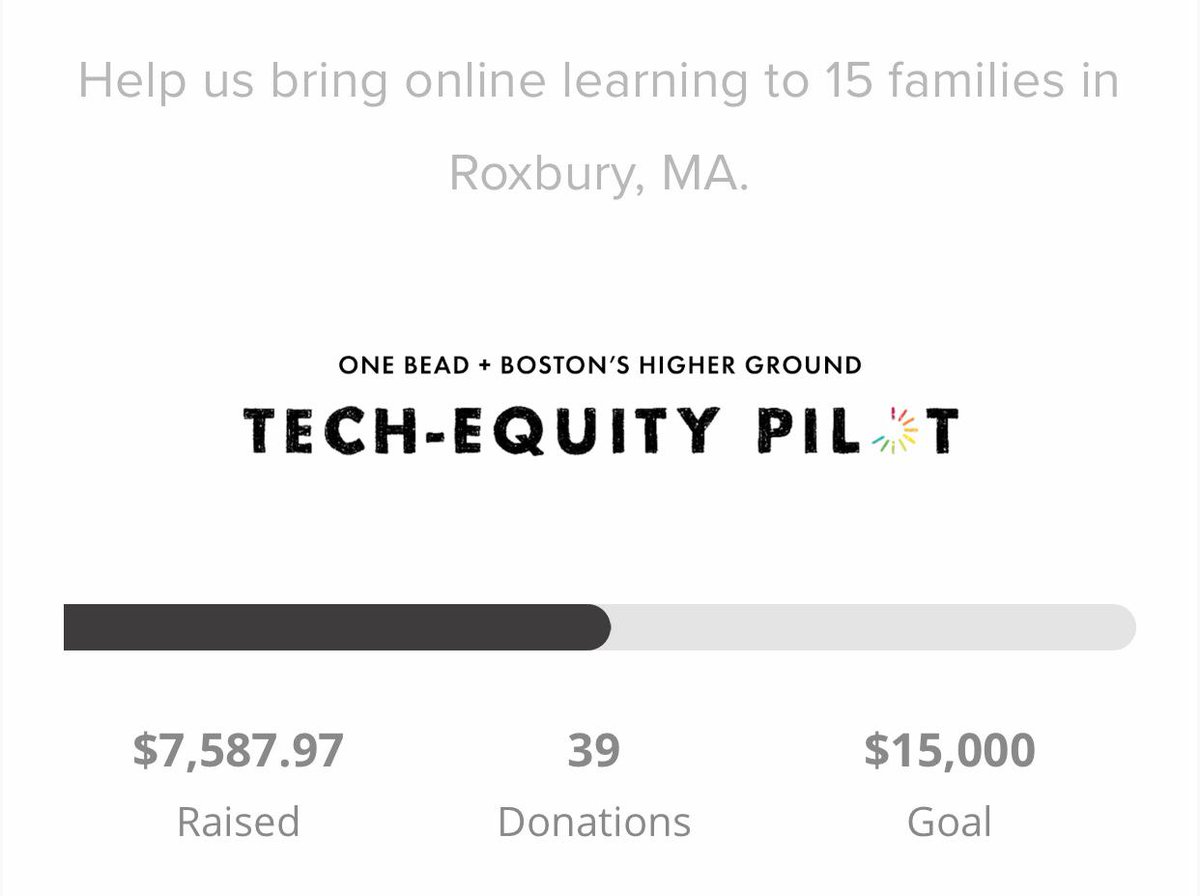 OFFICIALLY HALFWAY THERE! 🎉 We are halfway to reaching our goal of providing optimized technology &amp; training to 15 families. Help us get there!

onebead.org/techequity

#GivingTuesdayNow