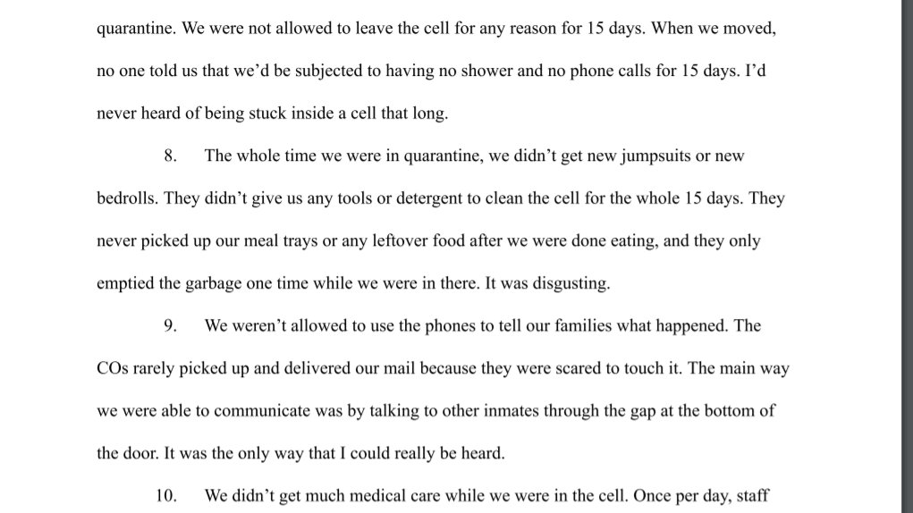 PDF reads in part: "The whole time we were in quarantine, we didn't get new jumpsuits or new bedrolls. They didn't give us any tools or detergent to clean the cell for the whole 15 days. They never picked up our meal trays or any leftover food after we were done eating, and they only emptied the garbage one time while we were in there. It was disgusting. We weren't allowed to use the phones to tell our families"