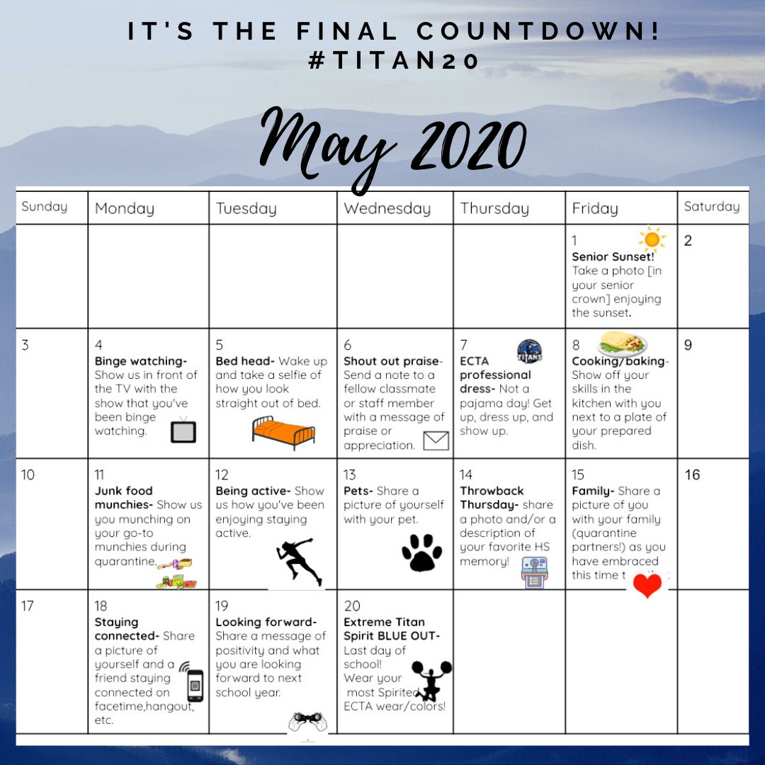 Previously featured on our ECTA StuCo IG! Don’t forget to join in on our spirit month Celebrating the last #Titan20 days of school! 
Countdown: 15 more days!