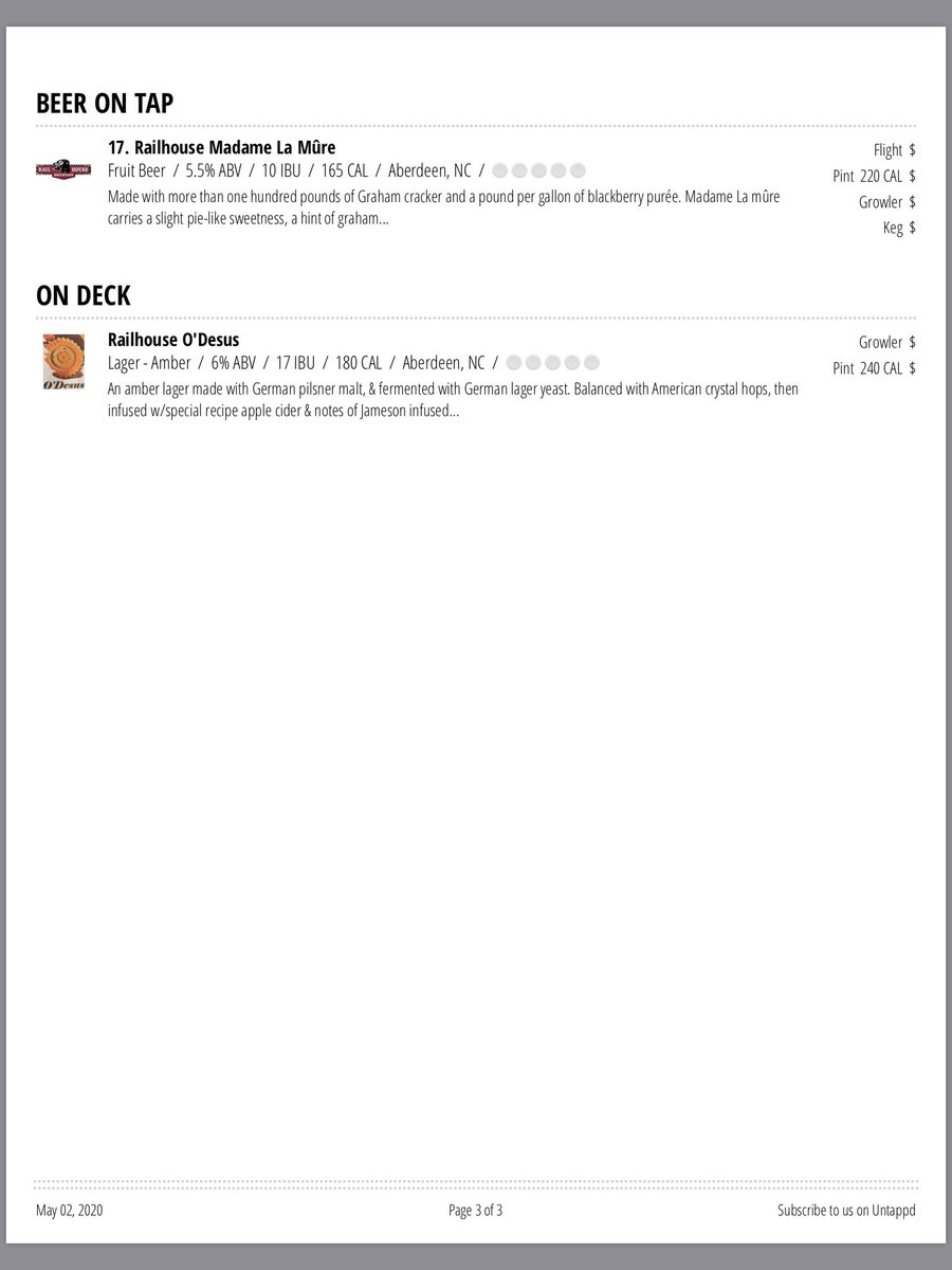 Good day Beer fans! Attached is the current Railhouse Tap Room menu (driven by Untapped app). This includes current Flagships, Seasonals &amp; Limited releases poured on site at the Railhouse Pub side in Aberdeen! All beers on tap now available for growler fills 🍺👍🏼. #ncbeer, #local