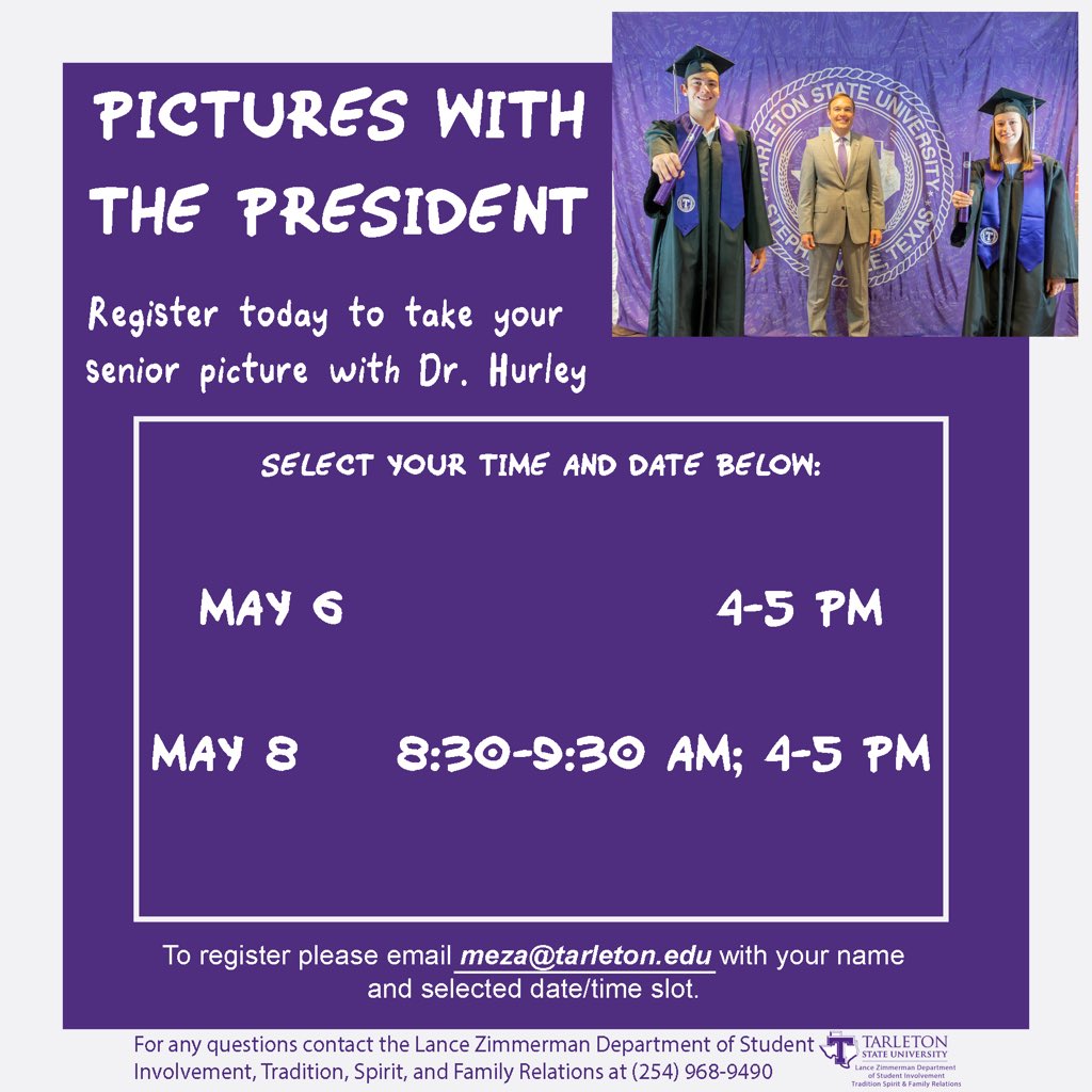 LathesTowns's tweet image. May Grad pictures happening in the Thompson Student Center! See schedule below! Call 254-968-9490 or email: meza@tarleton.edu #TarletonAlumni #MayGrad #BleedPurple #OnYeTarleton