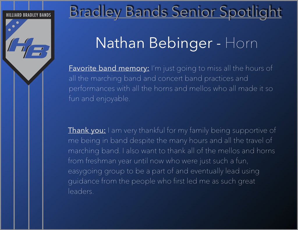BradleyBands's tweet photo. Over the next few weeks, we will recognize our senior band members. This class has made some WONDERFUL music and even better memories over the last 4 years, and we will miss them greatly. First up - Nathan Bebinger! https://t.co/9awcAWscq5
