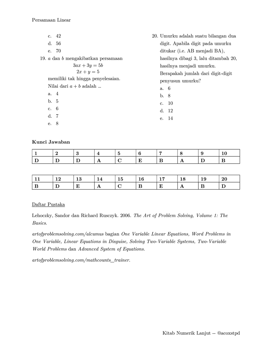 acoxstpd's tweet photo. Kitab Numerik Lanjut Part 2: Persamaan Linear

(.pdf dapat diakses di https://t.co/3owFiqY2sy)

This should be much easier daripada yang sebelumnya, asal baca soalnya bener, hehe.

To-do:
>> Teori bilangan ('habis dibagi', 'digit terakhir', aritmatika modular, prima)
>> Geometri https://t.co/QVW9mrEjHO