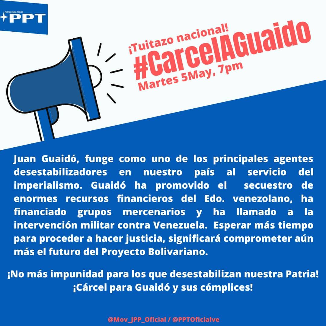 PPTOficialve's tweet photo. ¡EL PUEBLO EXIGE! #CarcelAGuaido

Convocamos a todas organizaciones Revolucionarias, al Tuitazo Nacional para el #5May a las 7pm 
#FelizMartes https://t.co/jE5ZkXjePP