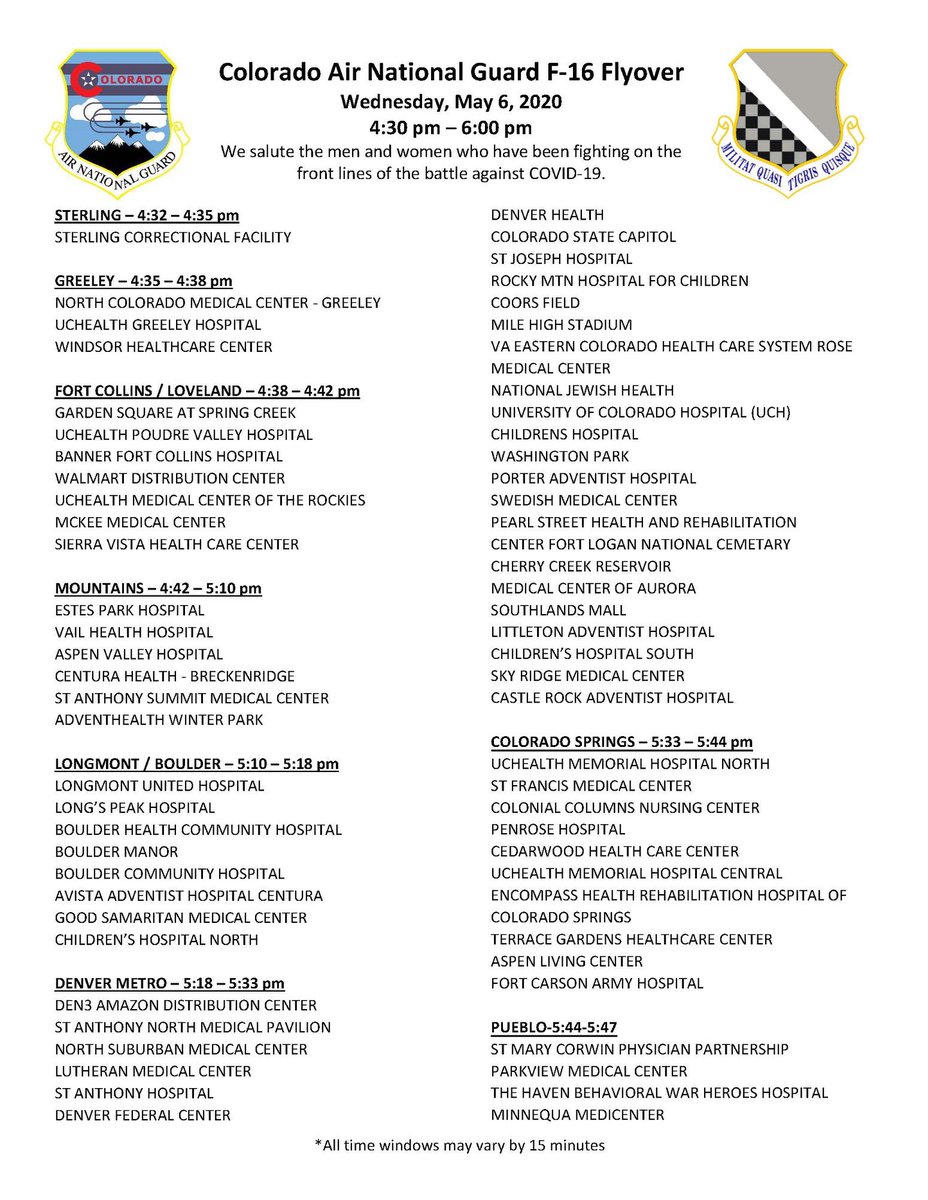 Please see the revised map for tomorrow's flyover! Times and locations are approximate.

#COVID19Colorado, #WarOnCOVID19, #COVID19, #Coronavirus, #InThisTogether, #HomelandDefense, #DoingMyPartCO, #AirForceSalutes, #AFFlyover 

@CONG1860 
@Buckley_AFB 
@AirNatlGuard