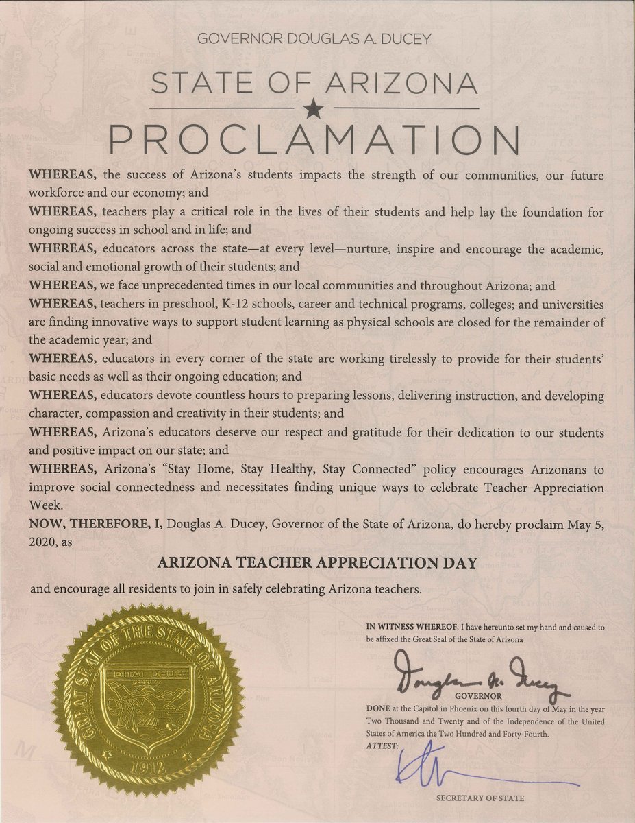 ExpectMoreAZ's tweet photo. It's official! Today is Arizona Teacher Appreciation Day. Thanks to Governor @dougducey for recognizing our state's amazing &amp; dedicated educators - from preschool through college. Learn more &amp; watch his video message: https://t.co/66VYg0zgp3. #AZTeachersRock #ThankATeacher https://t.co/TY9IbRFHsM