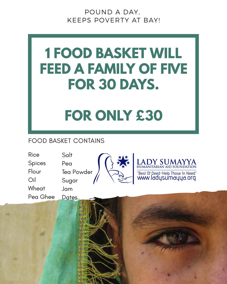LadySumayya's tweet photo. Sponsor a Food basket for £30 and this will provide a family of up to 5 in the most poorest areas in India, Africa and Pakistan.

https://t.co/0C4gkHrgZ6

Pound a day,  keeps poverty at bay!

#FoodBasket #Ramadhan20 #LadySumayya #India #Africa #DonateNow #KeepPovertyAtBay https://t.co/lBp4FBlnuM
