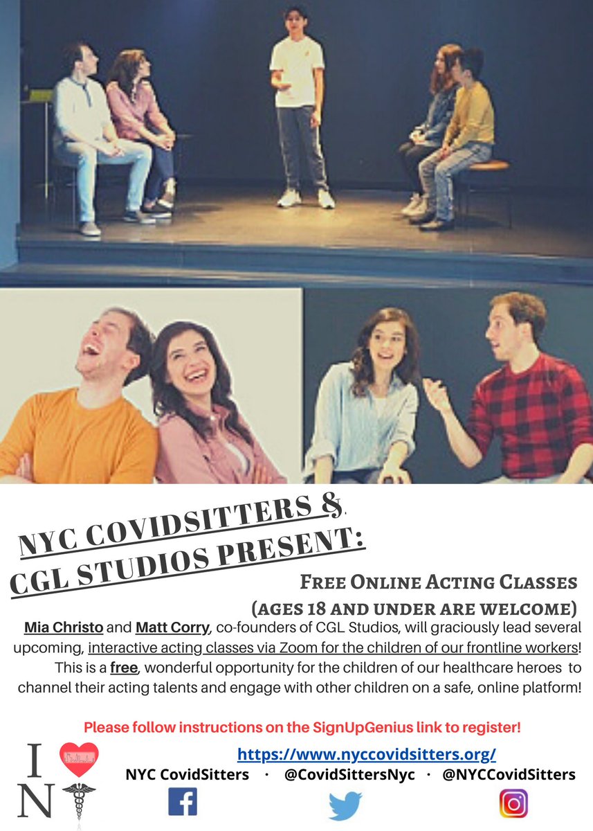 CovidsittersNyc's tweet photo. In partnership with CreateGiveLive we will be offering live online acting classes. This is a FREE, wonderful opportunity for the children (ages 4-18) of our healthcare heroes to engage and interact with others! 
LIGHTS💡 CAMERA 🎥 ACTION 🎬
Sign up here  https://t.co/VSFD2g9Pgk https://t.co/zs88D3WfWi