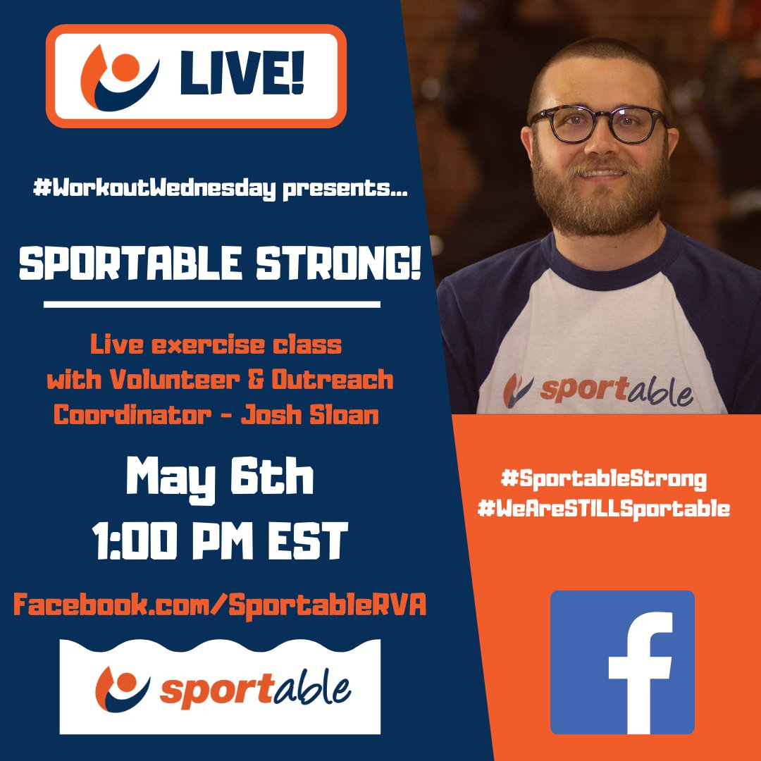 SportableRVA's tweet photo. Our #SportableStrong LIVE Fitness Class returns tomorrow at 1PM EST! ππͺ
Stream: https://t.co/TjJZnZwC3B π»π±
#WeAreSTILLSportable #AdaptAtHome #WorkoutWednesday #RVA π§‘ https://t.co/RmR6t0VlP5
