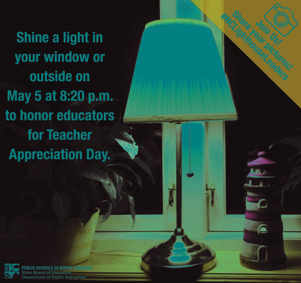 ncpublicschools's tweet photo. Don't forget to help us honor educators tonight by displaying a light in a window or outside at 8:20 p.m. for 20 minutes to thank teachers who light the way to learning. Share photos to fill social media feeds with light tonight. Use hashtag #NCLighthouseLeaders. https://t.co/bqHpwbXuQA