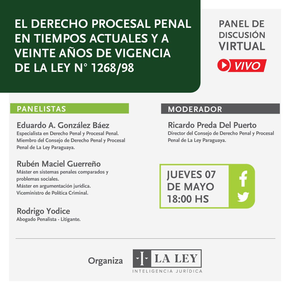 PredaRicardo's tweet photo. Tres excelentes panelistas y temas procesales de gran actualidad y trascendencia. Recomendada actividad de jueves. @laleyparaguaya @presigb @rodiyod1973 @Ruben_Maciel @Raulramirezpy @hectordalegre @mabelvillamayor @robertoperezpy https://t.co/BKv80HZ8Dj
