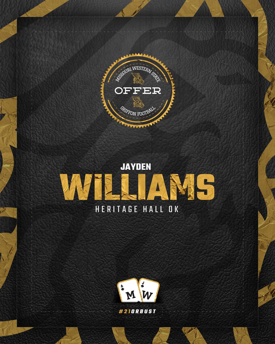 jaydenwilliams's tweet photo. #AGTG I’m blessed &amp; extremely grateful to say that I’ve earned my 1st offer from Missouri Western State University. I’d like to thank @CoachBono_ &amp; the entire   @mwsu_football staff for the opportunity. 🦅〽️🖤 #GriffUp #OKPreps https://t.co/Nv1X5loQNk
