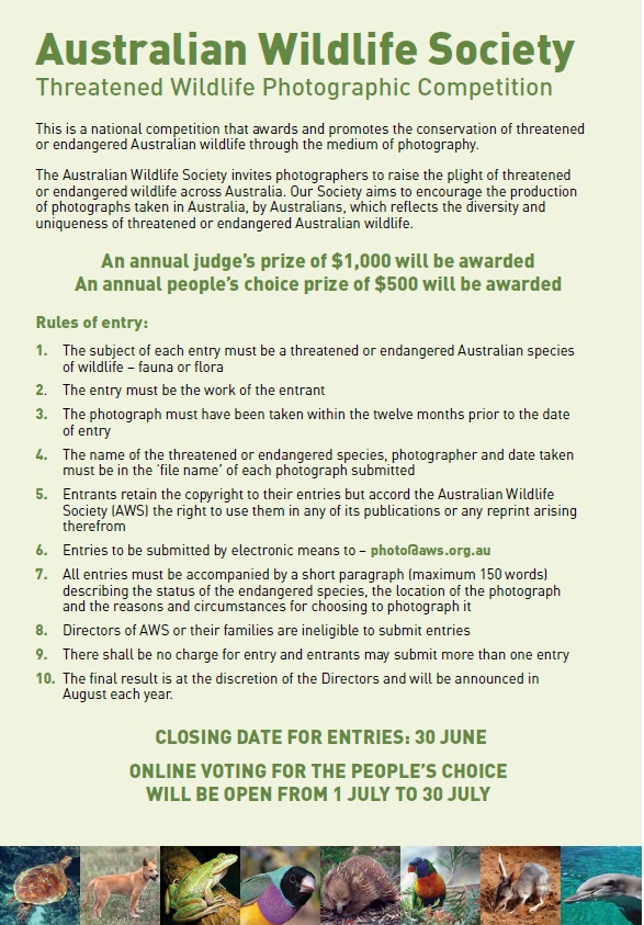 AustralianWild2's tweet photo. ENTER NOW: The Australian Wildlife Society invites photographers to raise the plight of endangered wildlife across Australia. https://t.co/bu6WWitunO