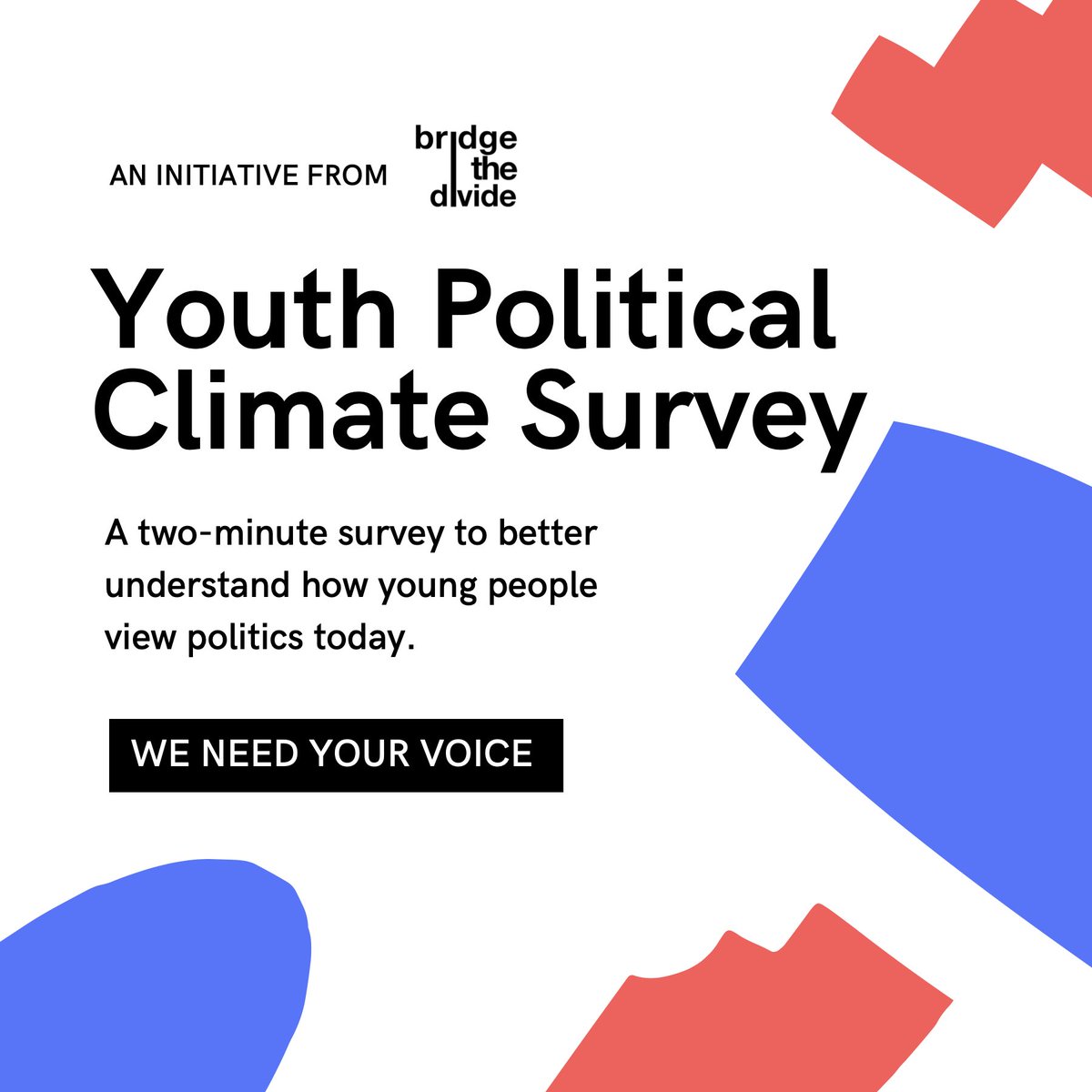 BTDivide's tweet photo. We are excited to announce the launch of the Youth Political Climate Survey! This short two minute survey will help us develop a better understanding of the youth perspective on politics and adapt our offerings going forward.

SHARE YOUR VOICE: https://t.co/nJwHFs8FMH https://t.co/k6AOCt9dH8