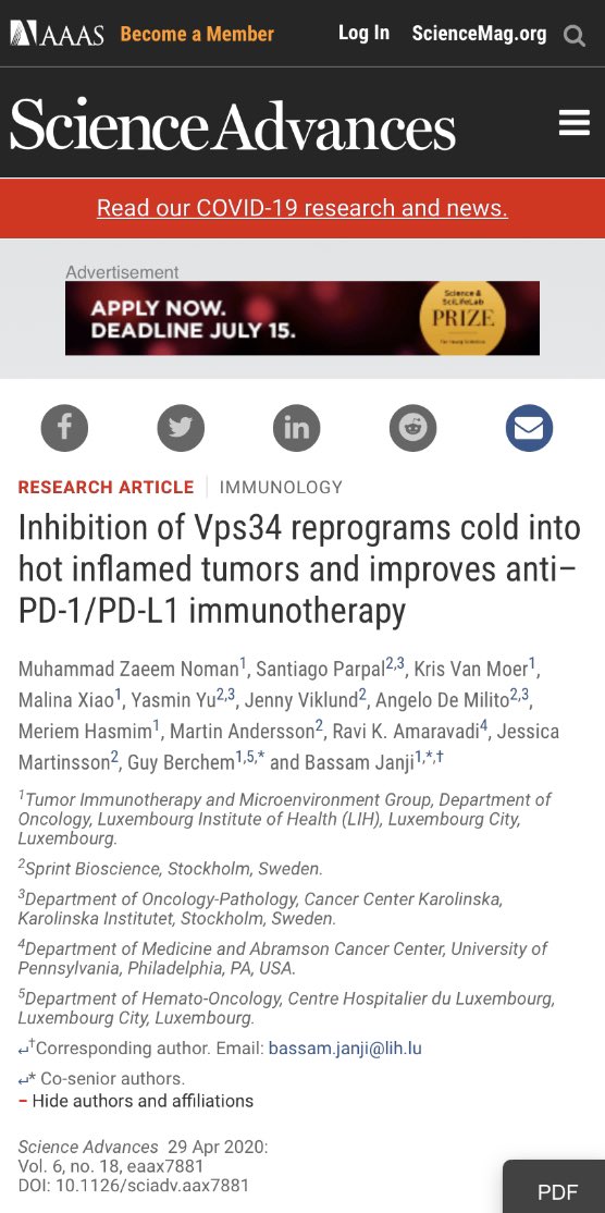 bassam_janji's tweet photo. Big achievement of my research team, Tumor Immunotherapy and Microenvironment (TIME) published in the prestigious journal Science Advances, in collaboration with a great team Sprint Bioscience Pharma, Sweden, and Ravi Amaravadi from the University of Pennsylvania US. https://t.co/UIEXETLdDq