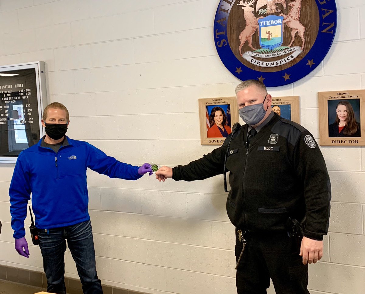 Stephenson_G4's tweet photo. Administrative staff at MRF present coins to employees for their dedication and hard work during these challenging times @MDOCCFA @MDOCFOA @SteeceKris @EricHerbert14 @RobertLeduc12 @MichiganDOC https://t.co/hw4gA0eyzr