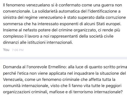 On. @AErmellino, perché l’etica alla quale dice si ispiri il suo governo non viene applicata nel inquadrare la situazione del #Venezuela come fenomeno criminale che affetta comunità internazionale, visto che lì fanno vita le peggiori org. criminali e di terrorismo internazionale?