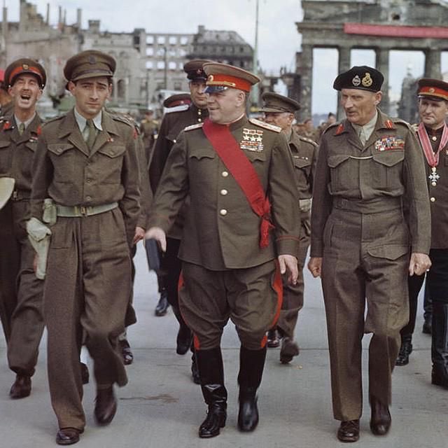Monty and General Miles Dempsey etal in Berlin wear the British battledress while the Soviet commanders look like wannabe Prussians even down to the red trouser stripe for the Soviet General Staff - the modern Russian army still has the red stripe for its General Staff. Caveat