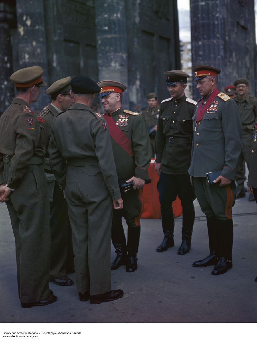 Monty and General Miles Dempsey etal in Berlin wear the British battledress while the Soviet commanders look like wannabe Prussians even down to the red trouser stripe for the Soviet General Staff - the modern Russian army still has the red stripe for its General Staff. Caveat