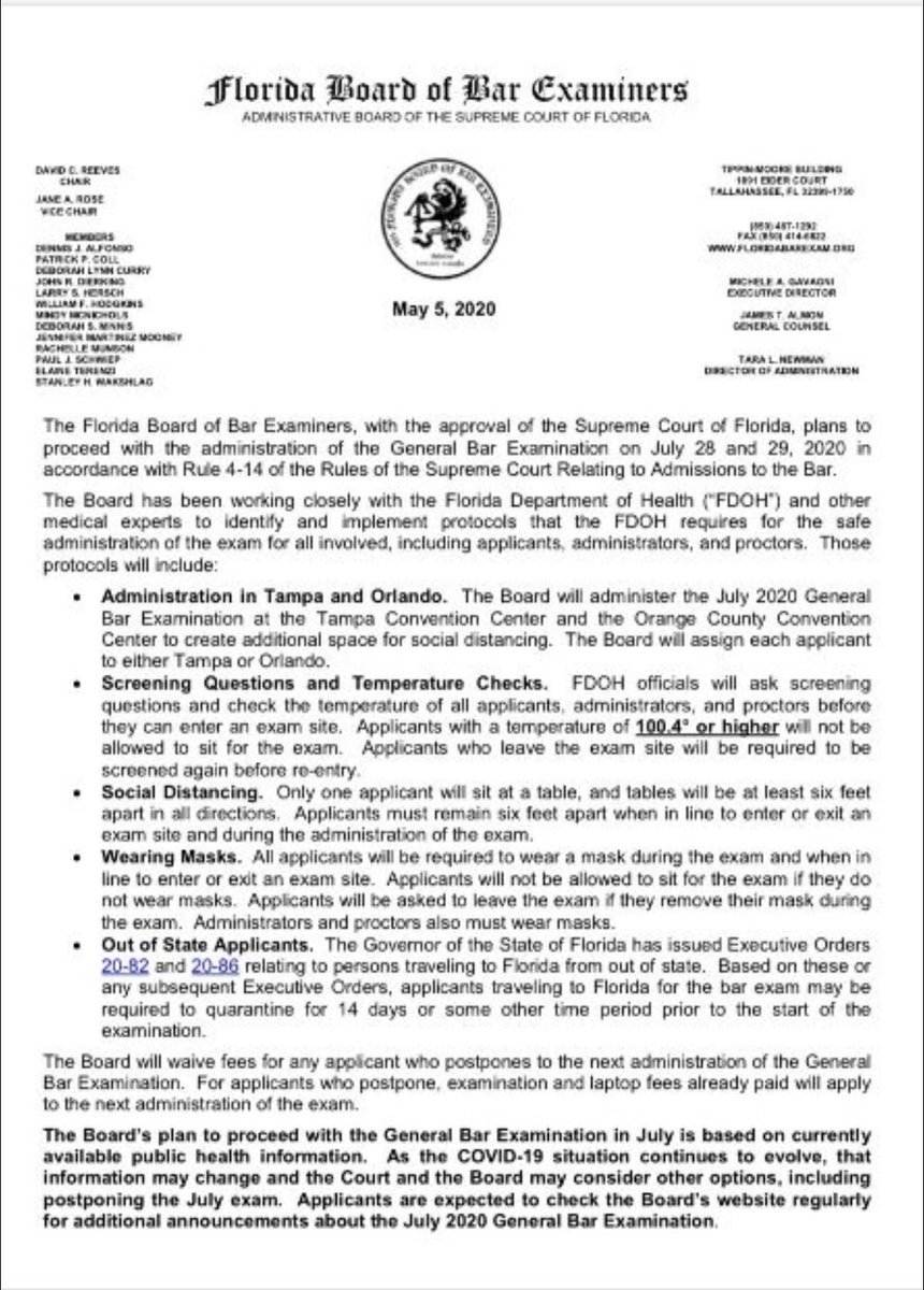 TheFlaBar's tweet photo. ATTENTION: Florida Board of Bar Examiners Announce Plans To Move Forward With July 2020 Bar Exam, Will Split Testing Site Between Tampa And Orlando

For full information, please read the Florida Board Of Bar Examiners' news release at their website here: https://t.co/rkgYymNakN https://t.co/uH0K9lLkwC