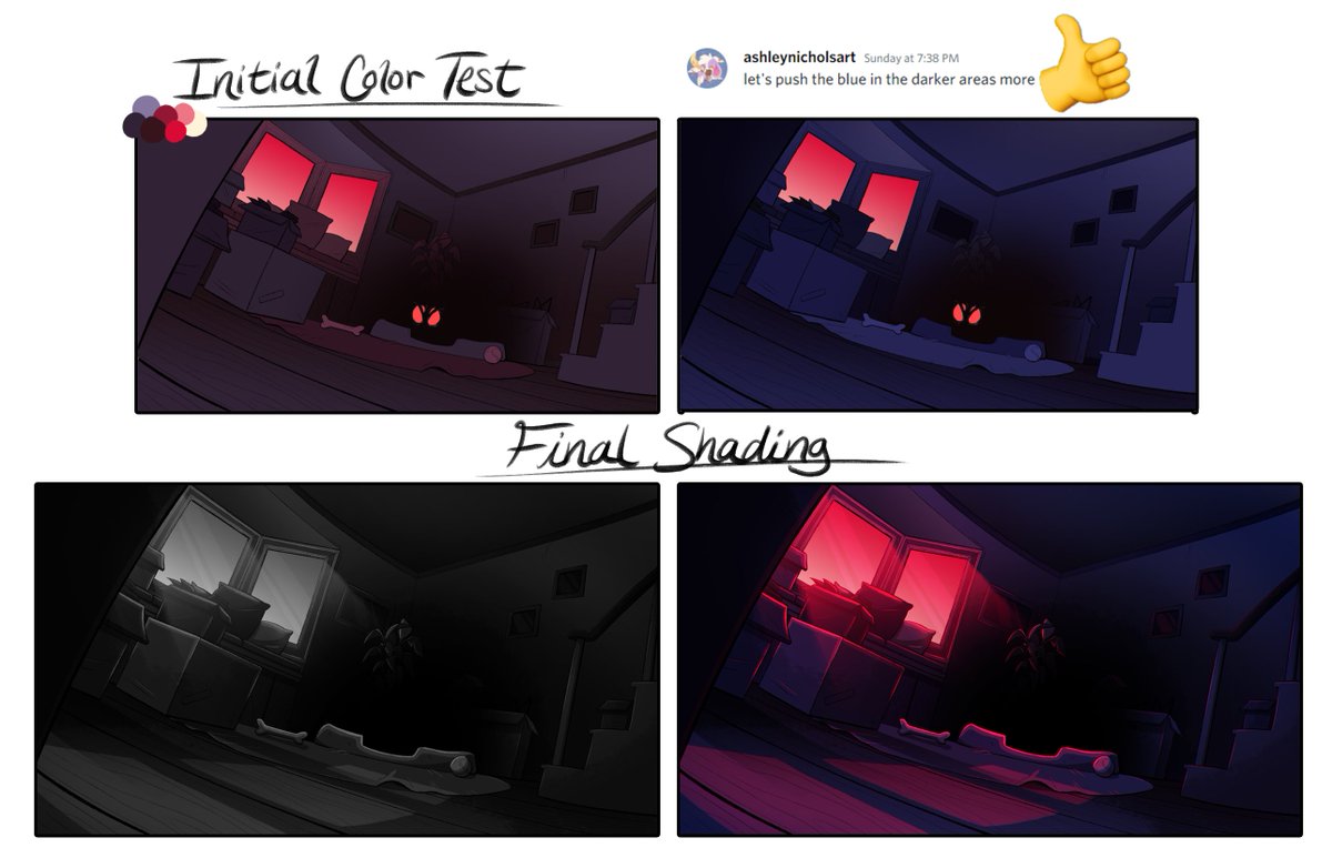 Considering the teaser shot for #HellPuppy was posted, figured I'd share this BG I did for it with some fun WIPs on the side!?
Original board by @AWDtwit // 3D Model by @Non_Ecludian
@HeckPuppo @AshNicholsArt