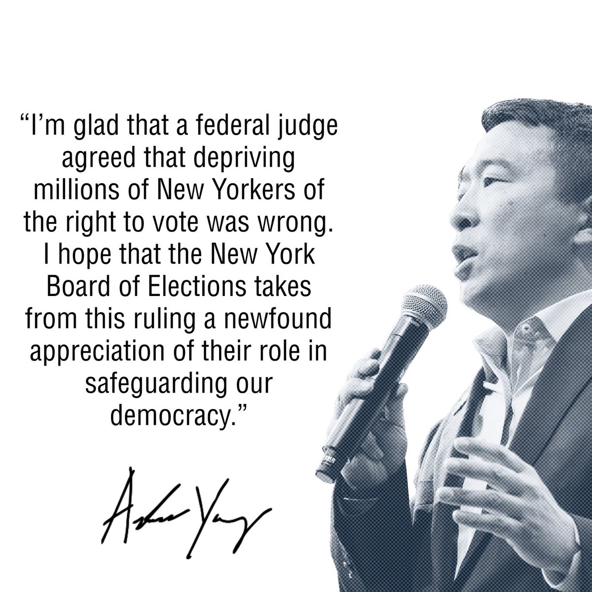 AndrewYang's tweet image. My statement on today’s federal ruling reinstating New York’s Democratic presidential primary: