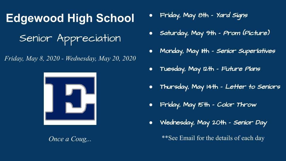 Senior Appreciation, Class of 2020
Seniors, please check your email for details.