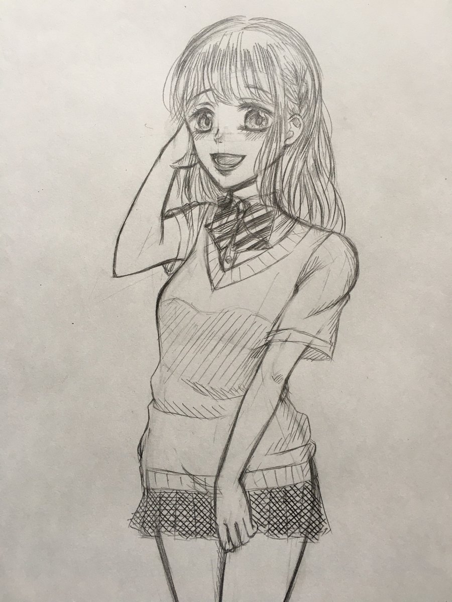 さきぽん 妹のリクエスト ふわふわ系の女子高生 笑 オリジナルイラスト アナログイラスト シャーペン画 女子高生