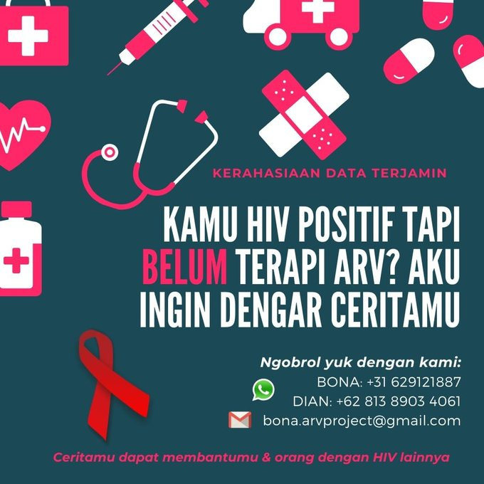 divanilovian's tweet image. Halo @JakartaStopAIDS @balipeduli @yayasanstigma @blogdokter 
Penelitian ttg pengalaman ODHIV di Indonesia lagi butuh bgt partisipan ARV-naive (positif HIV yang belum mulai ARV) buat diajak ngobrol2 nih. Please help us sebarin info ya 🙌
Details: bonasardo17.wixsite.com/arvproject2020 

Thanks!