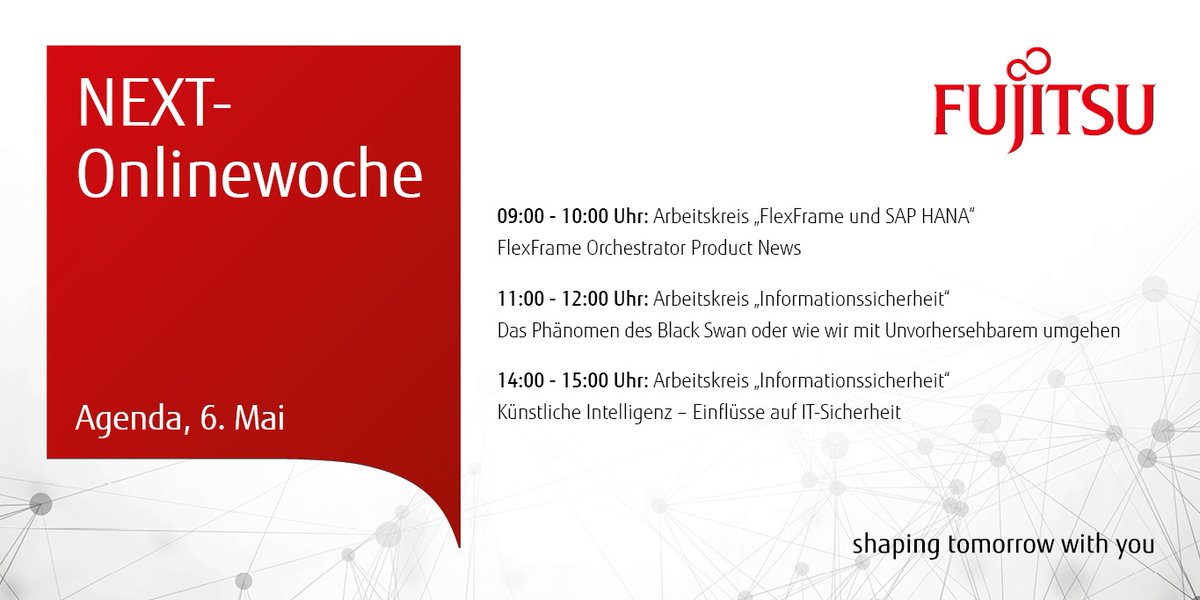 Fujitsu_DE's tweet photo. Die heutigen Themen der @FujitsuNEXT Onlinewoche: #FlexFrame Orchestrator Product News, das Phänomen des #BlackSwan oder wie wir mit Unvorhersehbarem umgehen &amp; #KI – Einflüsse auf #ITSicherheit. Reinschauen lohnt sich! https://t.co/ih2m4shTxN
#ITsecurity #hybridmulticloud #AI https://t.co/d7hqm8QUKL