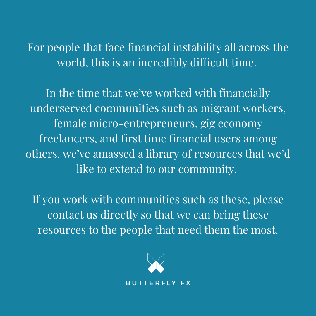 butterflyfx_'s tweet photo. We're reaching out to anyone that works with financially underserved communities to join forces. Let's empower our communities to get through this difficult time and build resilience for the future!

#COVID19 #empowering #communities #financialliteracy #education4all #SDGs https://t.co/f7q5Hr4uig