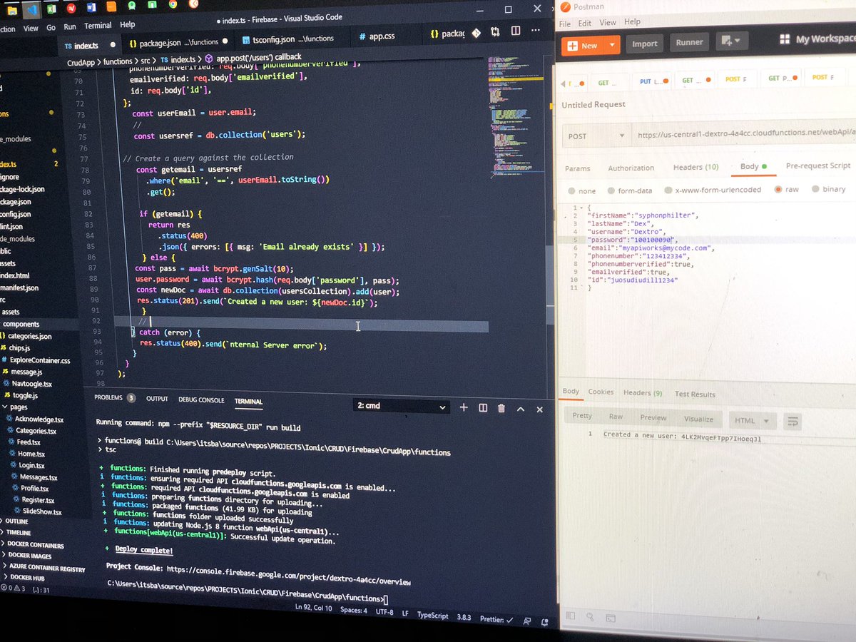 Bala9731's tweet image. #100DaysOfCode Day 42 Used #ExpressJS #bcryptJS #NodeJS and #Firebase to build a REST API that which talks to a Firebase Firestore Database. 😎😎😎😎. #BackEndMaster
