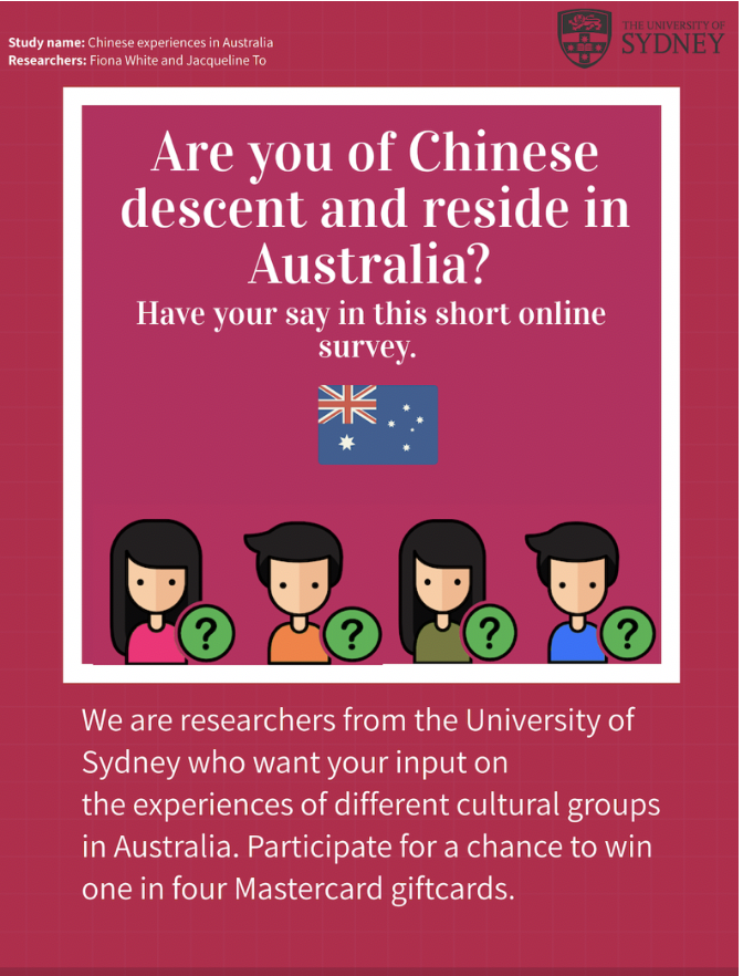 supirlab's tweet photo. Are you Chinese and reside in Australia? Have your say in a short online survey on experiences of different cultural groups in Australia, conducted by researchers at the University of Sydney. There is also a chance to win 1/4 Gift Cards. Participate here: https://t.co/fEwXGd7ked https://t.co/BHzQX7m8wJ