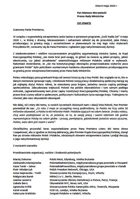 Oburzona Polonia domaga się dymisji ministra <a href="/SasinJacek/">Jacek Sasin</a> - list otwarty organizacji polonijnych do <a href="/PremierRP/">Kancelaria Premiera</a> <a href="/MorawieckiM/">Mateusz Morawiecki</a> <a href="/tvn24/">tvn24</a> <a href="/Bart_Wielinski/">Bartosz T. Wieliński 🇵🇱🇪🇺🇺🇦</a> <a href="/JakubKrupa/">Jakub Krupa</a> <a href="/Gosc_RadiaZET/">Gość Radia ZET</a> <a href="/Radio_TOK_FM/">Radio TOK FM</a> <a href="/RadioZET_NEWS/">Radio ZET NEWS</a> <a href="/RMF24pl/">Fakty RMF FM</a>
