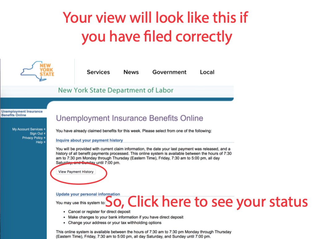 14: Your screen should look like this if you have filed correctly. Click “View Payment History” to see the status of your claim.