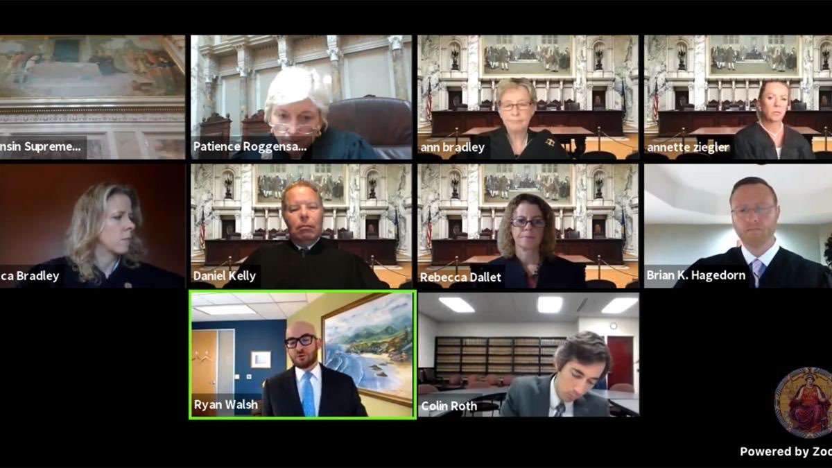JonErpenbach's tweet photo. So yup, #WISupremeCourt hears REMOTELY a WI GOP case to overturn @GovEvers safer at home order.  #WISupremeCourt is safe but those they’re going to order back to work won’t be.  Dollars or Death.  You don’t have a choice. But #WISupremeCourt does. https://t.co/RigNgsKdxi