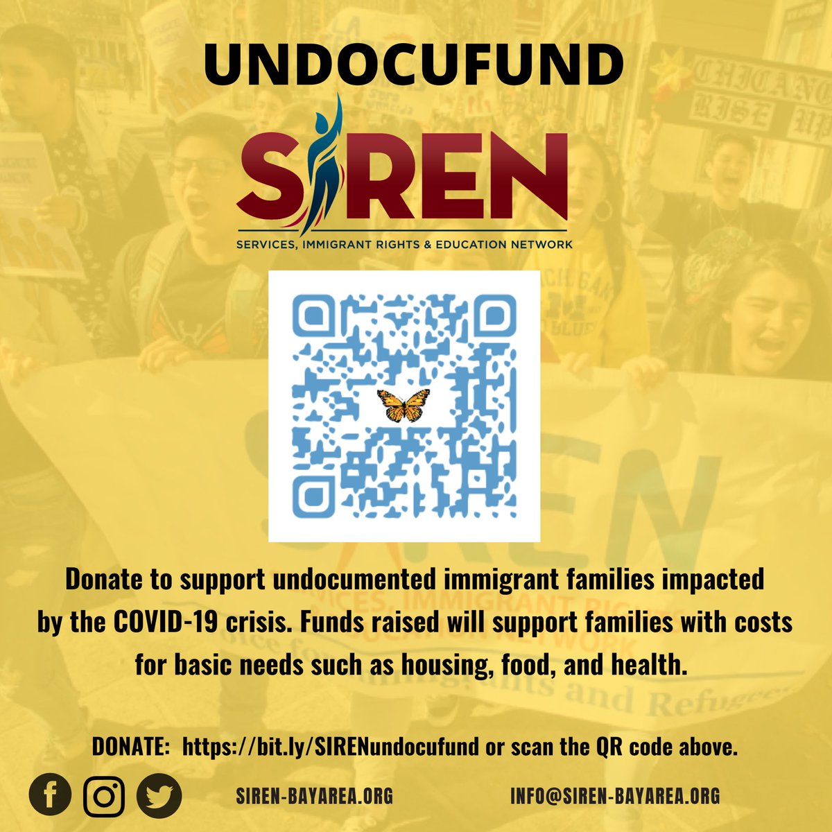 SIRENImmiRights's tweet image. For #GivingTuesday, please consider supporting immigrant families during these difficult times by donating to SIREN's Undocufund. Just scan the QR code on the flyer or donate online at bit.ly/SIRENundocufund. We're all in this together! #undocufund