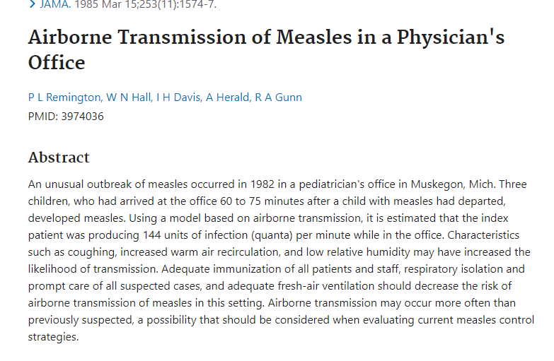 3/13 There have been cases of measles demonstrating that a level of virus high enough to be infectious can stay in a room up to ~75 minutes after the person who is sick has left