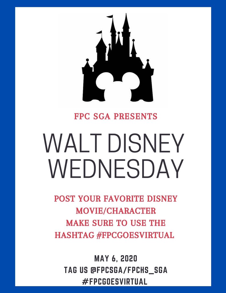 FPCSGA's tweet photo. Special surprise for all our Disney Lovers our there! Show off your Disney shirts, ears, costumes, or just post a pick of your favorite characters!! Make sure to use the hashtag #FPCgoesVirtual !!✨#WaltDisneyWednesday @FPCHS @FlaglerSchools https://t.co/0zZnyWYFHT