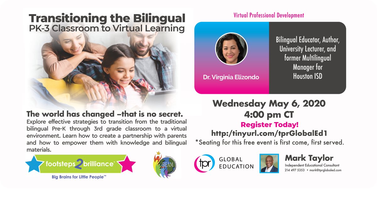 TPRGlobalEd's tweet photo. We are humbled by the overwhelming response for our session tomorrow with Dr. Virginia Elizondo! There is still time to register at: https://t.co/oBEXMeqtaO
#duallanguage #bilingual #tprglobaled #beamdfw2020 #biliteracy #bilingualteachers https://t.co/CecGBhM6Ym