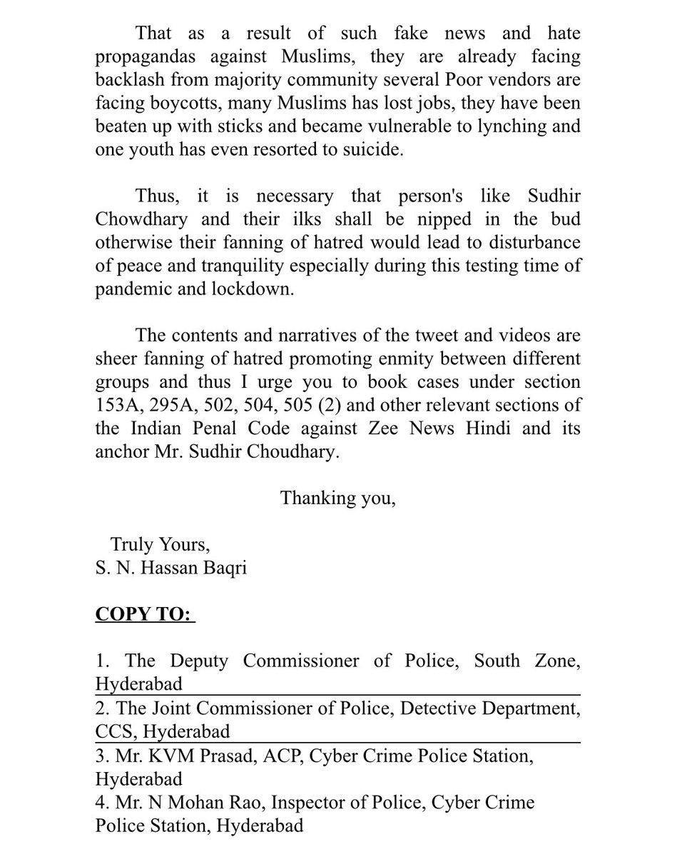 Baqriadvocate's tweet photo. Lodge a compliant through email againt @ZeeNews  &amp; @sudhirchaudhary for disseminating fake news, inciting communal disharmony by portraying Muslims in bad light. @TelanganaDGP @CPHydCity @DCPSZHyd @CyberCrimeshyd @shomirchowk @DCPDDHyd Request to take action. https://t.co/BJwaQ83y30