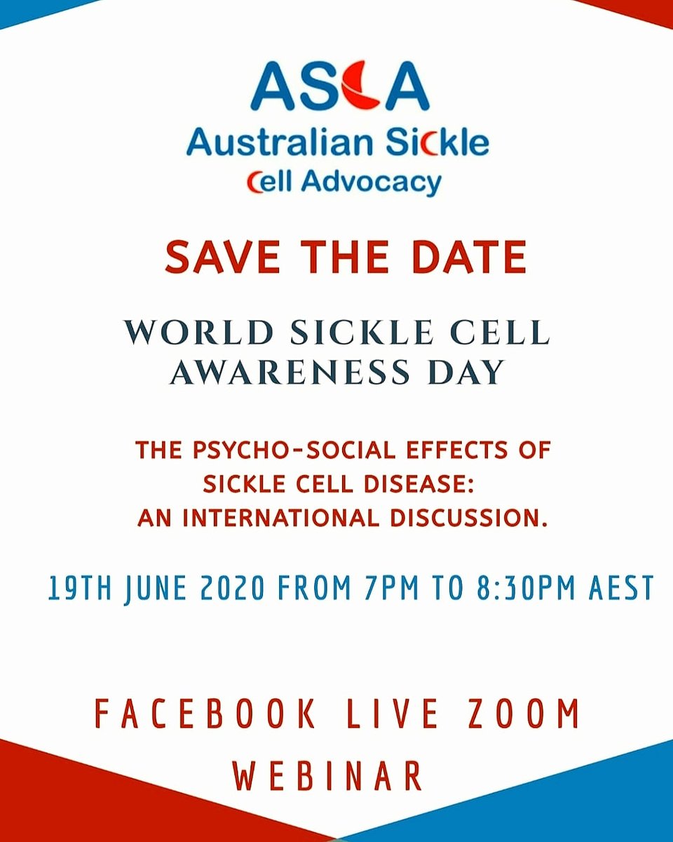 amplifySCDvoice's tweet photo. Join @AuSickle for a unique World Sickle Cell Awareness Day 2020. #SaveTheDate.
#Zoom connection details coming soon.
#Sicklecelldisease #Awareness #ConquerSCD #SERI #SCDEducation in #Various #Languages
@AggieMN @biba_tinga https://t.co/mi1CbHNfDA