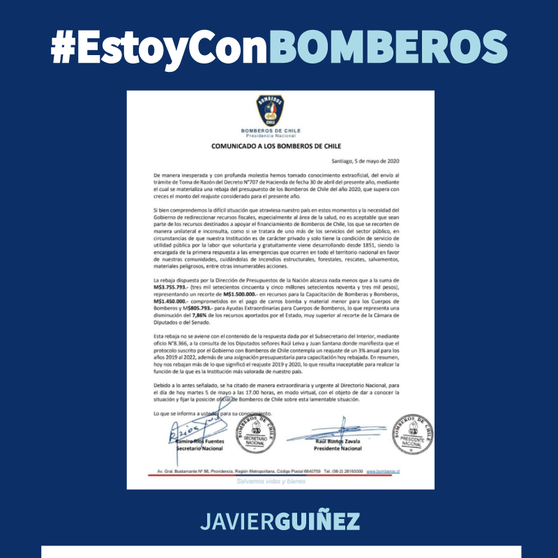 javierguinezc's tweet photo. Preocupante y pésima idea apretarse el cinturón a costa de miles de voluntarios y voluntarias de @bomberosdechile. Ellos son la primera respuesta a la emergencia, con o sin pandemia, aquí en #SanPedrodelaPaz y en todo Chile. 

Esperamos que Gobierno de pie atrás
#EstoyConBomberos https://t.co/lWWsi1cBnj