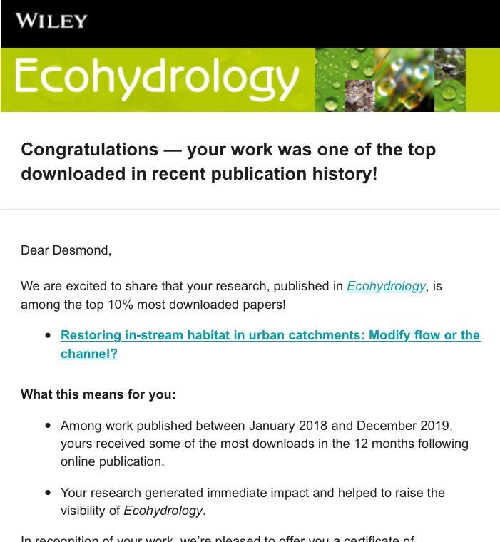 My article with @The_WERG & @RiverSciLife  titled 'Restoring in-stream habitat in urban catchments: Modify flow or the channel' was read multiple times to be a #TopDownloadedArticle in its journal. 
@ECoENet 
#urbanstreams #ecohydraulics #sciencecommunication #waterways #research